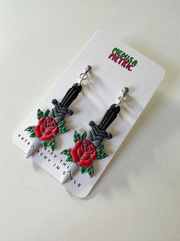 Dagger and rose earrings
